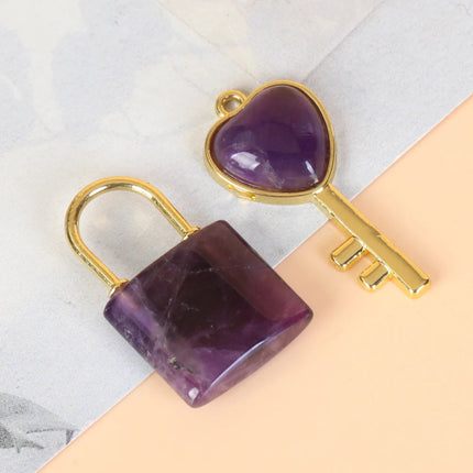 1 Set Natural Crystal Couple Lock Necklace Pendant Set Heart Shaped Key Piece Pink Crystal Amethyst Tiger Eye Stone Lock PlatiNum