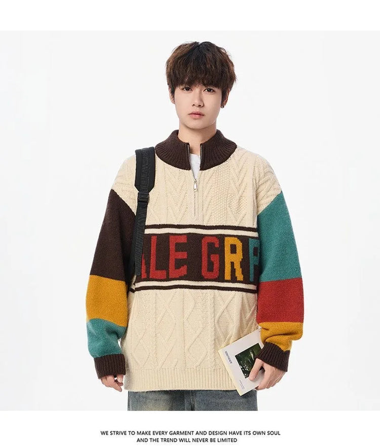 Autumn/winter Fashion Trend Retro Sports Thickened Warm Knitted Sweater Men's Loose Comfortable Large Size High Quality Sweater