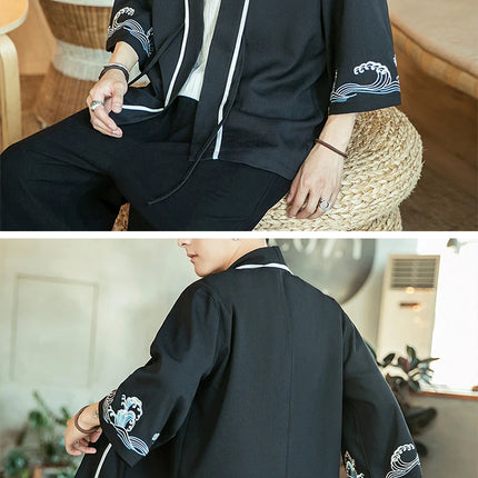 Japan Samurai Shirt uomo ricamato Kimono giapponese manica corta Cardigan uomo estate sottile moda Casual Yukata Cardigan Top uomo