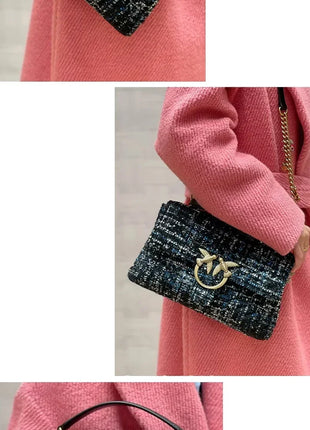 Nuova Borsa a Tracolla/Crossbody da Donna 2026 Ispirata a Pinko in Tweed con Cigno, in Vera Pelle