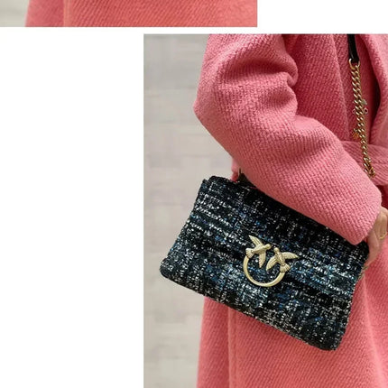 Nuova Borsa a Tracolla/Crossbody da Donna 2026 Ispirata a Pinko in Tweed con Cigno, in Vera Pelle