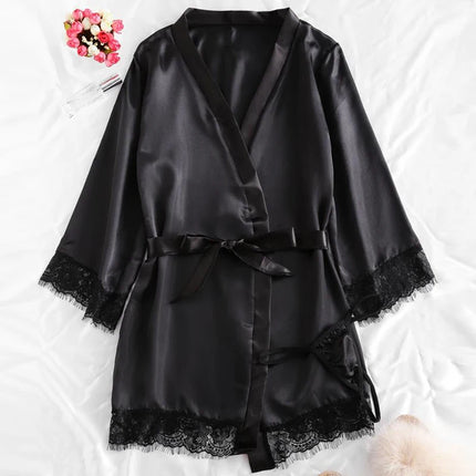 Pigiama da donna sexy nero in raso 4 pezzi di pizzo di seta reggicalze pantaloncini abito pigiama set camicia da notte biancheria intima camicia da notte vestito