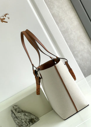 Borsa tote verticale in tela bianco sporco, borsa a tracolla multiuso con finiture in pelle di lusso