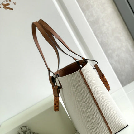 Borsa tote verticale in tela bianco sporco, borsa a tracolla multiuso con finiture in pelle di lusso