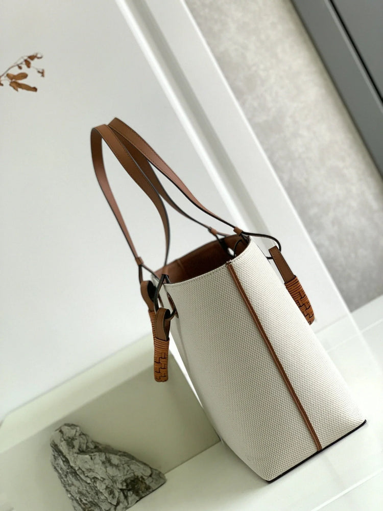 Borsa tote verticale in tela bianco sporco, borsa a tracolla multiuso con finiture in pelle di lusso