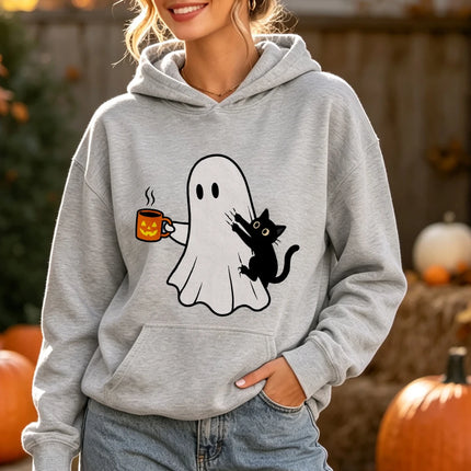 Ghost Black Cat Coffee Print Halloween Hoodie Spooky Season Graphic Pullover Women Fall Holiday Daily Wear Top Hoodies Women