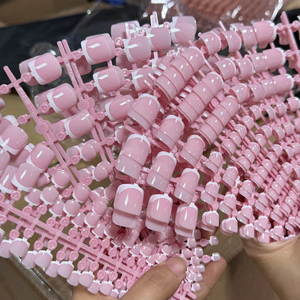 120Pcs Short Square Pink French Full‑Cover Toe Nail Tips White Edge Soft Gel Press‑On Toenails