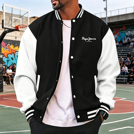 Men's color blocked sports baseball jacket, trendy letter printed loose fit baseball jacket, casual street sports jacket, spring