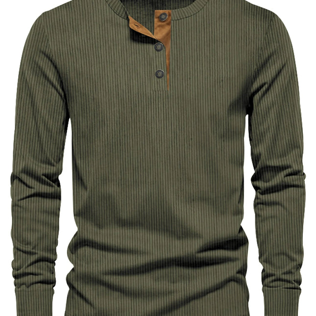 2024 Spring and Autumn New Cross-border Men's Independent Station Corduroy Casual Henry Slim Solid Color Long Sleeve T-Shirt PlatiNum