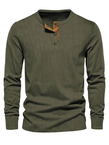 2024 Spring and Autumn New Cross-border Men's Independent Station Corduroy Casual Henry Slim Solid Color Long Sleeve T-Shirt PlatiNum