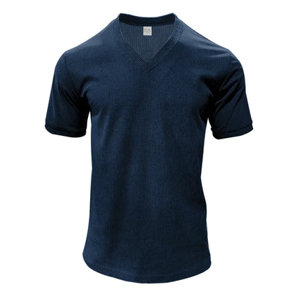 Men's European and American Summer Corduroy Solid Color Slim Casual V-Neck T-Shirt Amazon