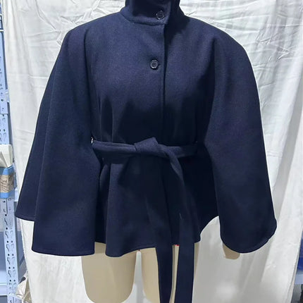 SMVP 2026 New Lace Up High Neck Jackets For Women Belt Faux Wool Blends Cape Coats Autumn Winter Warm Elegant Cloak Coat Ladies