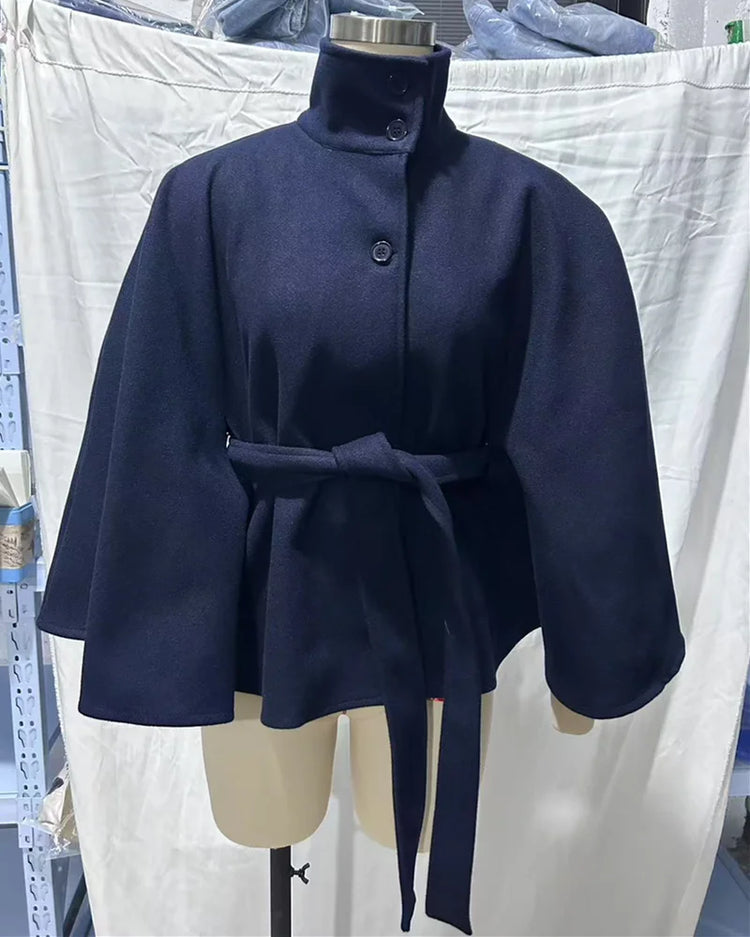 SMVP 2026 New Lace Up High Neck Jackets For Women Belt Faux Wool Blends Cape Coats Autumn Winter Warm Elegant Cloak Coat Ladies