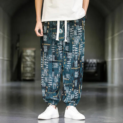 Pantaloni Primavera-Estate da Uomo in Stile Cinese, Sottili e Traspiranti in Cotone e Lino, con Vita Elastica, Pantaloni Harem Stampati Casual e Comodi