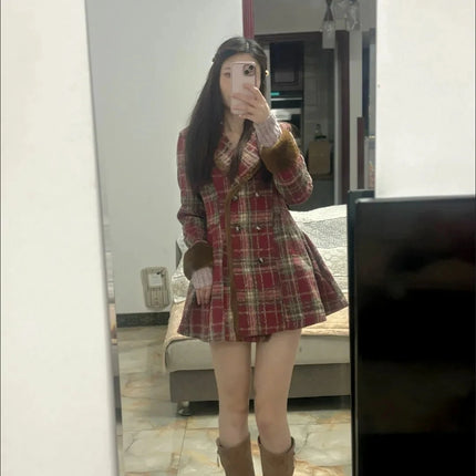 Women's Double Breasted Plaid Coat, Woolen Jacket , V-Neck, Loose Tops, Female Clothes, Sweet, New, Autumn, Winter
