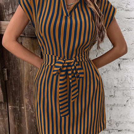 Summer New Striped Print Dress for Women 2024 Fashion V-Neck Sleeveless Lace-Up Short Skirt Elegant Office Lady Slim Dresses