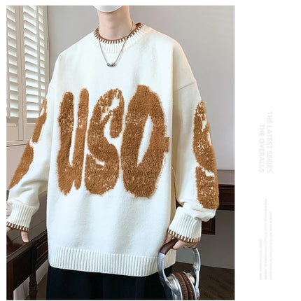 2025 New Letter Jacquard O-Neck Knitwear Men's American Fashion Retro Knitted Sweater Autumn Hip Hop Long Sleeve Y2K Pullovers