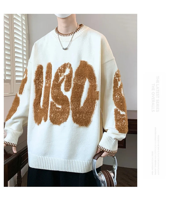 2025 New Letter Jacquard O-Neck Knitwear Men's American Fashion Retro Knitted Sweater Autumn Hip Hop Long Sleeve Y2K Pullovers