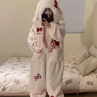Kawaii Rabbit Bow One Piece Pajamas Women's Coral Velvet Hooded Sleepwear Thicken Winter Warm Sweet Cute Homewear Holiday Gift