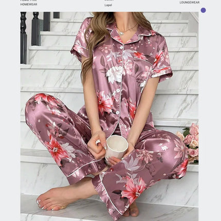 Pigiama in raso per donna pigiameria con stampa floreale autunno vestiti per la casa Soft Comfort top e pantaloni a maniche corte pigiama pigiama Femme