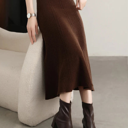 Grace Women's Skirt 100% Merino Wool Skirt Hip Hugging A-Line Wave Skirt Knitted Warm Autumn Winter Dress Slim Office Lady Skirt PlatiNum