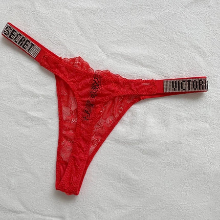 2026 New Satin Letter Rhinestone G-String Women Underwear Sexy Lace Lingerie Low Waist Seamless Panties Panties