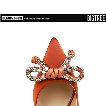 BIGTREE Street Style Lusso Fiocco con strass con punta a punta Tacco sottile Bicchiere da vino in seta Tacchi alti Décolleté da donna