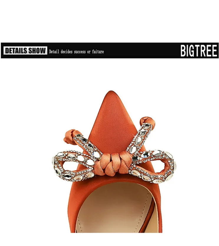 BIGTREE Street Style Lusso Fiocco con strass con punta a punta Tacco sottile Bicchiere da vino in seta Tacchi alti Décolleté da donna