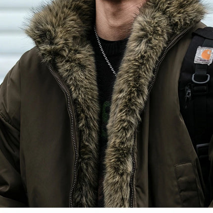 Mens Korean Streetwear Thick Warm Jacket Winter Fleece Lined Fur Collar High Quality Cold Proof Heavyweight Outdoor Thermal Coat