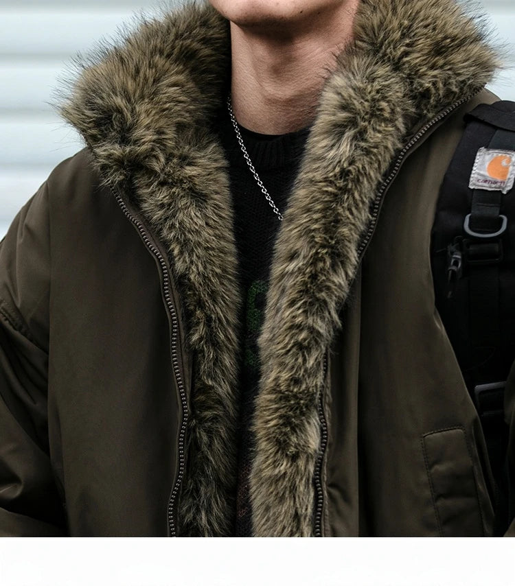 Mens Korean Streetwear Thick Warm Jacket Winter Fleece Lined Fur Collar High Quality Cold Proof Heavyweight Outdoor Thermal Coat