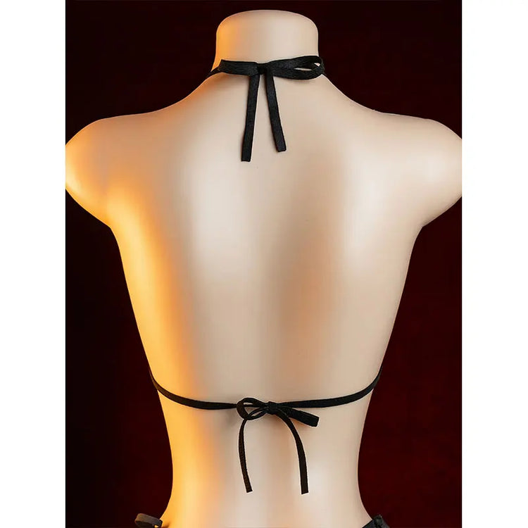 Black Embroidered Mini Bra Panty Set Lolita Sexy Lingerie Neck-hanging Adjustable Push-Up Thong Erotic Costumes Women Underwear