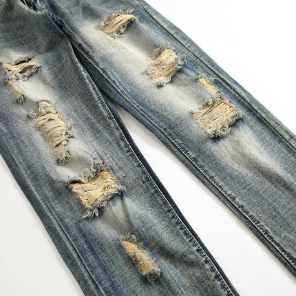 Casual Men's Light Blue Denim Jeans Ripped Straight Leg Slim Fit Non-Elastic Torn Casual Style Chinese Production PlatiNum