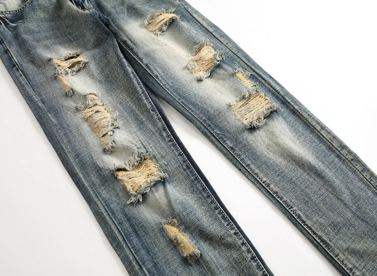 Casual Men's Light Blue Denim Jeans Ripped Straight Leg Slim Fit Non-Elastic Torn Casual Style Chinese Production PlatiNum