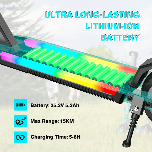 Monopattino elettrico pieghevole RCB R12 Pro W per bambini, autonomia 18 km/h, autonomia 15 km, schermo LED, luce RGB, per bambini dai 6 ai 12 anni