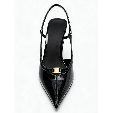 2026 Fashion Metal Decoration Stiletto Pumps Women Luxury Patent Leather Pointed Toe High Heels Sexy Slingback Designer Shoes PlatiNum