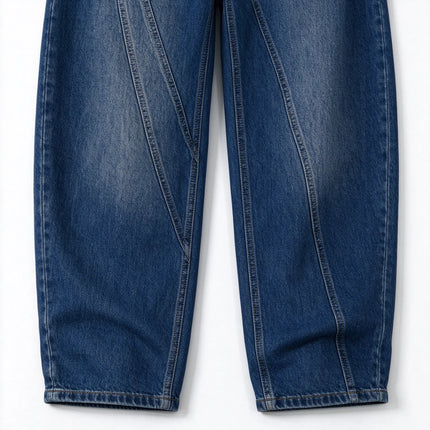 Women’s High-Waisted, Wide-Leg, Curved-Fit Jeans with Matching Scarf Belt Included, Vintage-Wash Blue Denim with Diagonal Stitching, Casual Retro-Style Trousers for Everyday Wear  FX-5380-1
