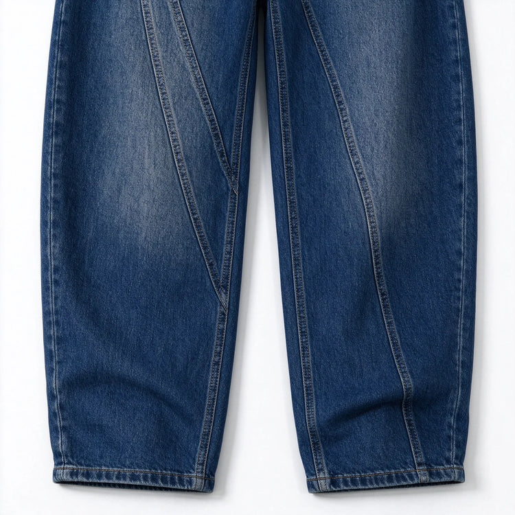 Women’s High-Waisted, Wide-Leg, Curved-Fit Jeans with Matching Scarf Belt Included, Vintage-Wash Blue Denim with Diagonal Stitching, Casual Retro-Style Trousers for Everyday Wear  FX-5380-1