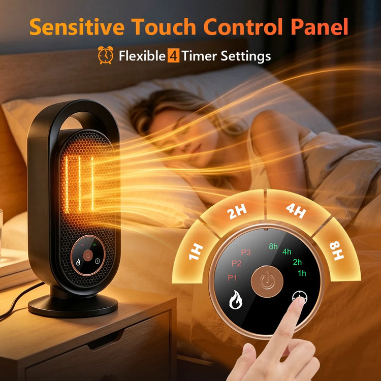 Electric Heater with Touch Control, PTC Ceramic Fast Heating, 3 Speeds 4 Timers, Energy Efficient Desk Warmer for Home Office