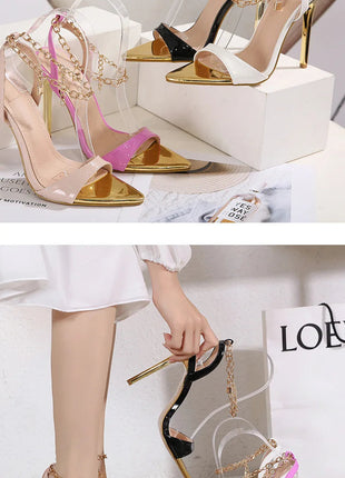 New Summer Sandals Women Fashion Gold Chain Ankle Strap Sexy Peep Toe Ladies Metal High Heels Sandals Woman Party Shoes Pumps PlatiNum