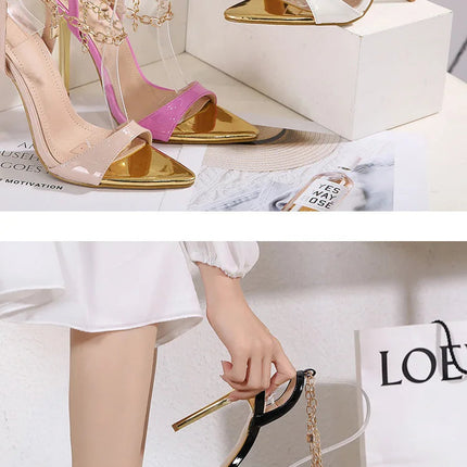 New Summer Sandals Women Fashion Gold Chain Ankle Strap Sexy Peep Toe Ladies Metal High Heels Sandals Woman Party Shoes Pumps PlatiNum