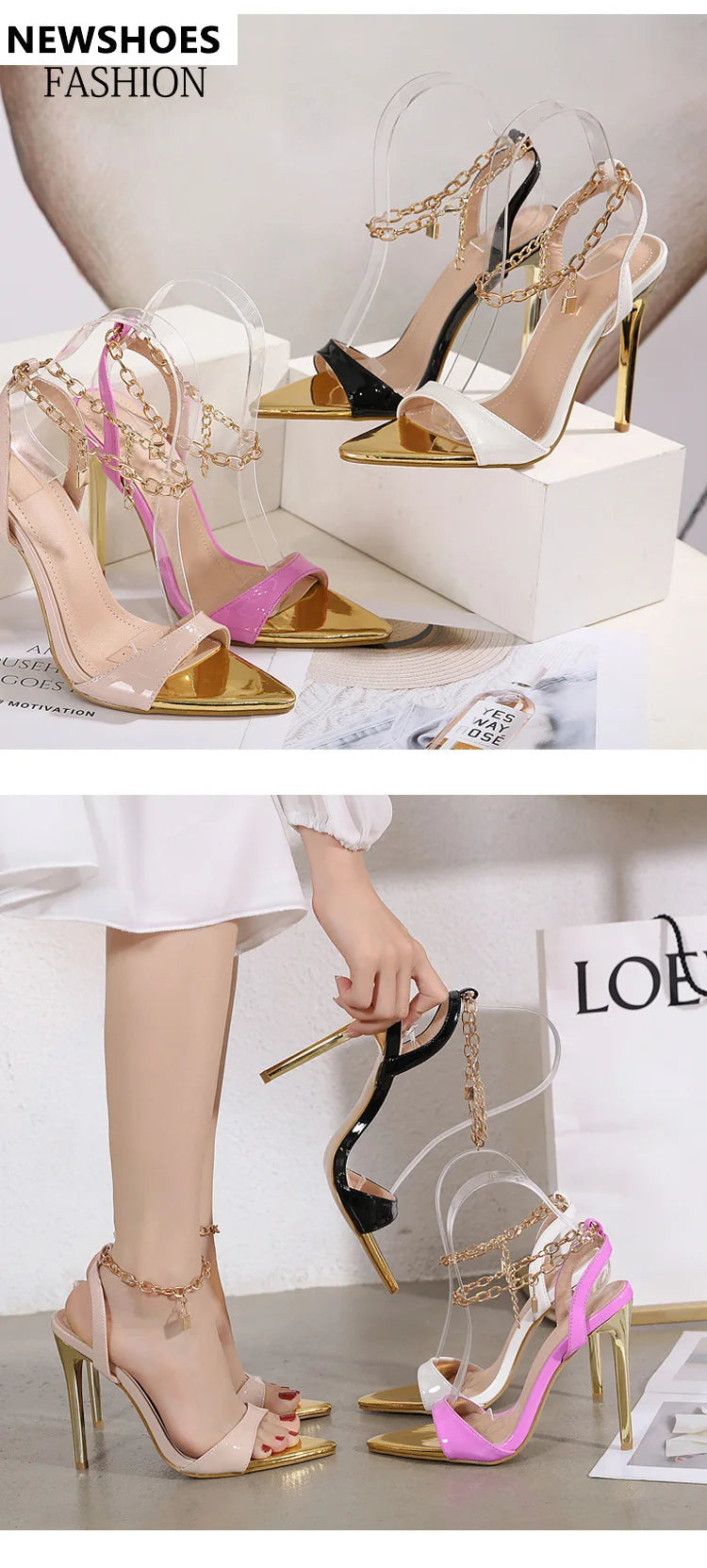 New Summer Sandals Women Fashion Gold Chain Ankle Strap Sexy Peep Toe Ladies Metal High Heels Sandals Woman Party Shoes Pumps PlatiNum