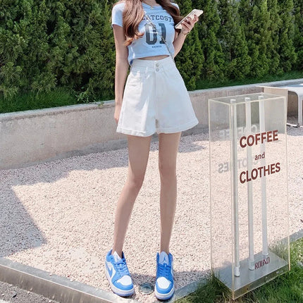 Women's summer thin denim shorts with loose fit high waist slimming effect wide legs and rolled edge hot pants for outerwear PlatiNum