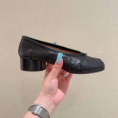 Roundtoe midheel shoes Womens Genuine leather High heels Sheepskin Pleated Tibi splittoe shoes Women Mary Jane shoes Designer