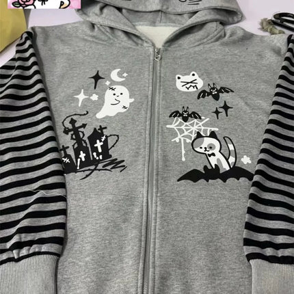 Cat Ear Hooded Sweatshirts Jackets Women Clothing Y2k Tops Patchwork Striped Anime Hoodie Ropa Mujer Casual Fashion Hoodies Coat