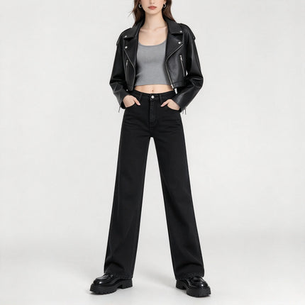 Minimalist black high-waisted straight-leg women’s jeans, in a relaxed-fit black denim with an elegant, casual style, perfect for a casual office look and versatile everyday wear FX-1338-1