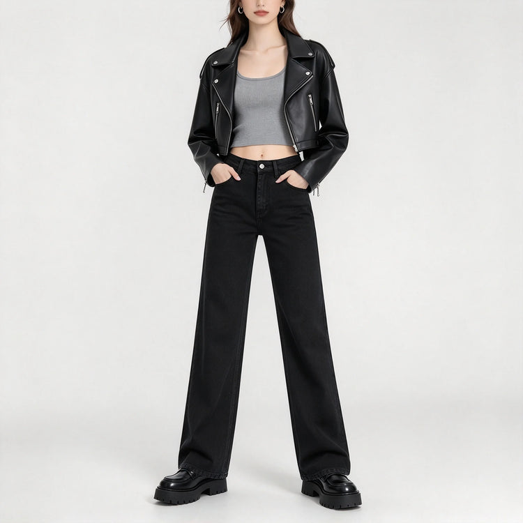 Minimalist black high-waisted straight-leg women’s jeans, in a relaxed-fit black denim with an elegant, casual style, perfect for a casual office look and versatile everyday wear FX-1338-1