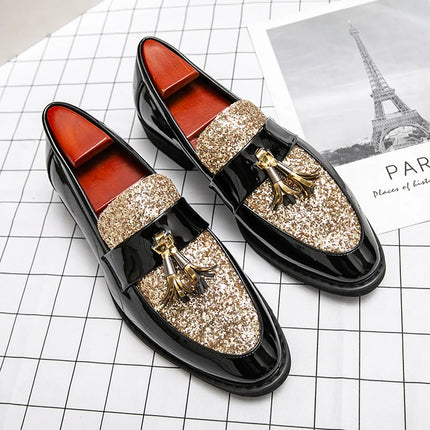 Mocassini di Lusso da Uomo con Tacco Basso, Slip-on Casual in Pelle Dorata, Scarpe da Festa con Nappe, Scarpe Eleganti da Uomo, Scarpe con Plateau da Uomo
