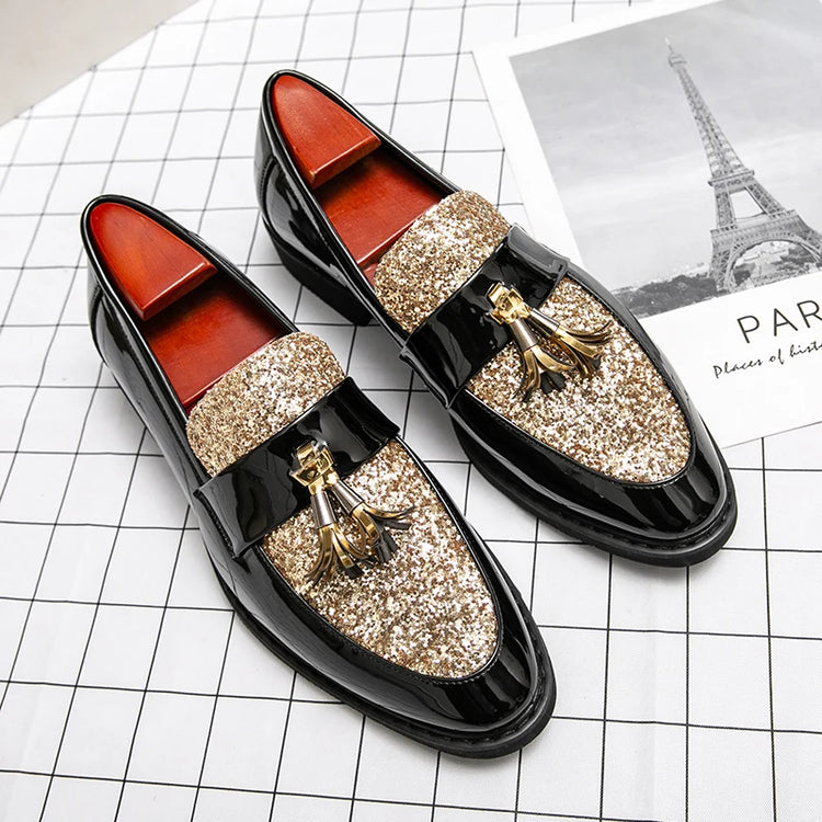 Mocassini di Lusso da Uomo con Tacco Basso, Slip-on Casual in Pelle Dorata, Scarpe da Festa con Nappe, Scarpe Eleganti da Uomo, Scarpe con Plateau da Uomo