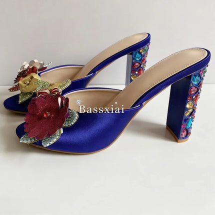 Sandali con tacco alto da donna estivi in seta blu con strass colorati e decorazioni a nodo a farfalla in cristallo per ragazze
