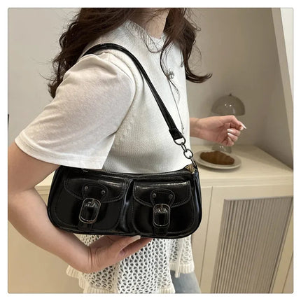 Fashion Pu Leather Women's Shoulder Bag Small Double Pocket Design Ladies Underarm Bags Y2k Vintage Female Handbags Clutch Purse PlatiNum